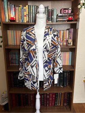 Alfred Dunner Geometric Open-Front Jacket in White, Blue & Brown
